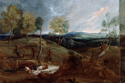 Paisaje al atardecer con un pastor y su rebaño