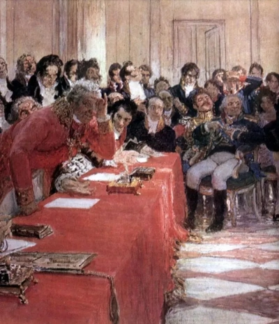A. S. Pushkin en el acto del Liceo el 8 de enero de 1815. Fragmento.