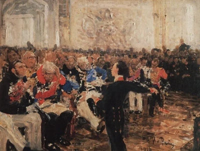 A. S. Pushkin en el acto en el Liceo el 8 de enero de 1815. Boceto