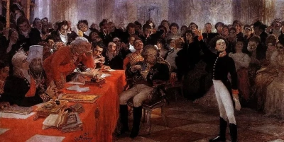 A. S. Pushkin on the act in the Lyceum Jan 8 1815 reads his poem "Recollections in Tsarskoye Selo"