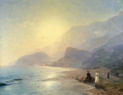 A.S. Pushkin y la condesa Raevskaya junto al mar cerca de Gurzuf