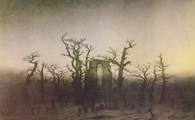 Abadía del RoblesetDescription of the painting: Monastery scene in a lush forest with a river flowing through.