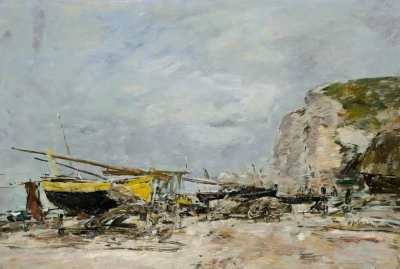 Acantilados y barcos amarillos en Étretat