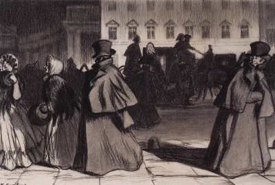 Akaky Akakievich en la Avenida Nevski. Ilustraciones para el cuento N.V. Gogol "El Abrigo"