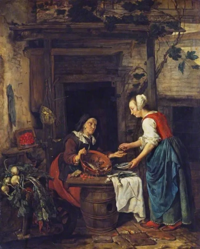Anciana vendiendo pescado.