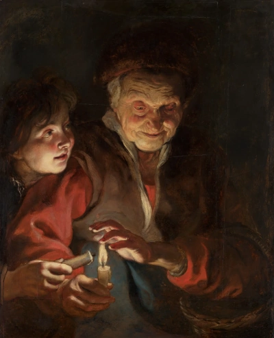 Anciana y niño con velas