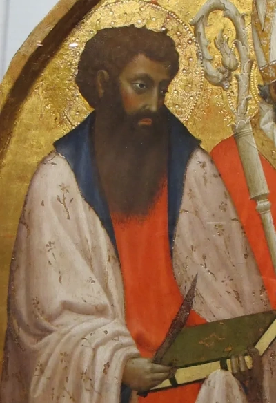 Apóstol Bartolomé con un cuchillo y la Biblia. Tríptico San Jovenale