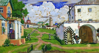 Área en las afueras de la ciudad. Boceto del escenario para la obra de A. N. Ostrovsky "corazón cálido"