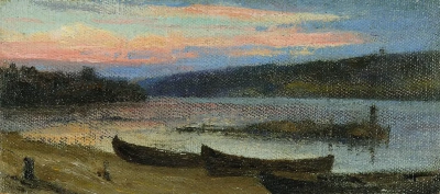 Atardecer en el Oka. Paisaje con barcos