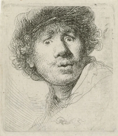 Autorretrato con boina y ojos abiertos.