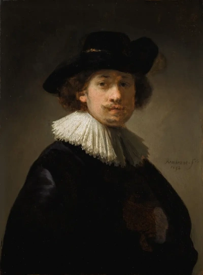Autorretrato con cuello de encaje y sombrero negro.