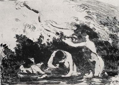 Bañistas a la sombra de la orilla arbolada