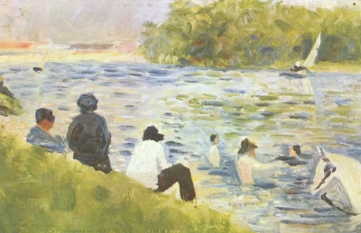 Bañistas y caballo blanco en el río