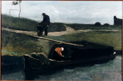 Barco de turba y dos figuras.