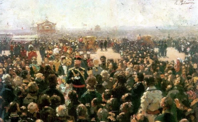 Bienvenida de los capataces de la volost por el Emperador Alejandro III en el patio del Palacio de Petrovsky en Moscú. Boceto.