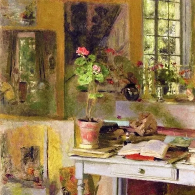 Blue geranium and desk. Fragment.