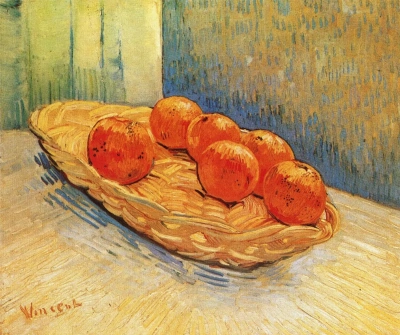 Bodegón con cesta y seis naranjas