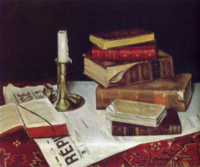Bodegón con libros y vela