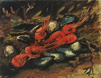 Bodegón con mejillones y camarones
