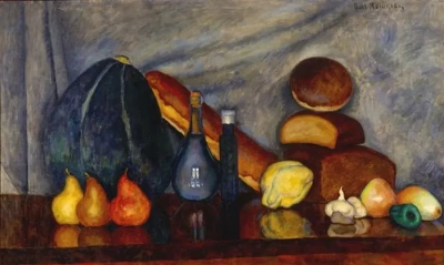 Bodegón con pan y calabaza.
