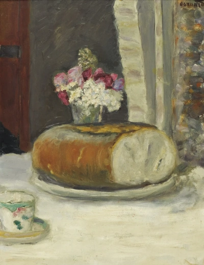 Bodegón con pan y flores