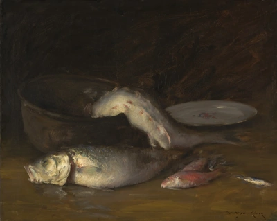 Bodegón con peces y un gran caldero de cobre.