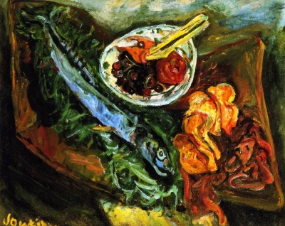 Bodegón con pescado y fruta.