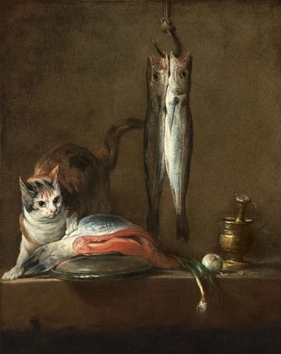 Bodegón con un gato en la mesa y pescado.