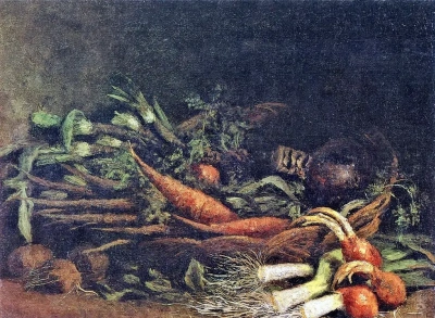 Bodegón con una cesta de verduras.