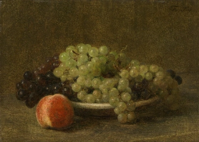 Bodegón con uvas y melocotones.