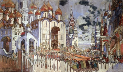 Boris Godunov. La coronación. Un boceto del escenario para la ópera de M. P. Musorgsky "Boris Godunov"