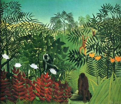 Bosque tropical con mono y serpiente.