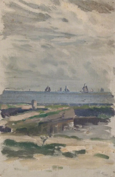 Bosquejo de la costa con vistas al mar y veleros (Holanda)