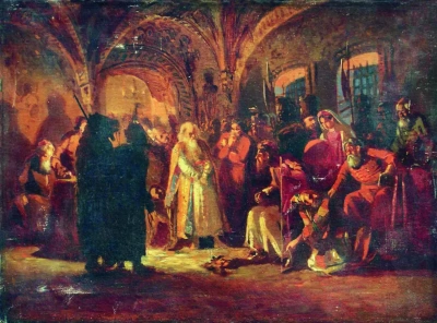 Boyarin Morozov frente a Iván el Terrible. Boceto de la trama de la novela "Príncipe de plata" de A.K. Tolstoi.