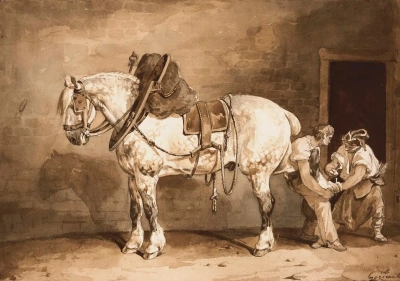 Caballo gris en herrero manzanas