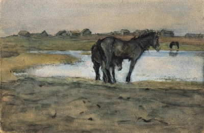 Caballos por el estanque.