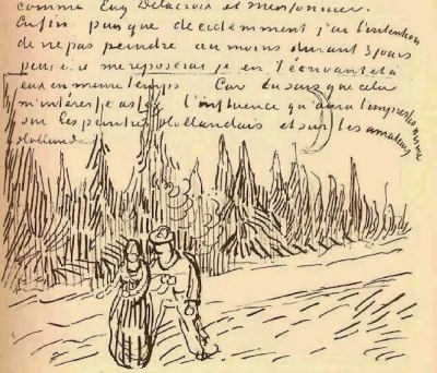 Callejón con cipreses y una pareja. Figura en la carta