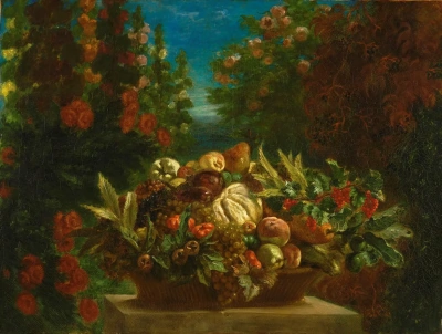 Canasta de flores y frutas.