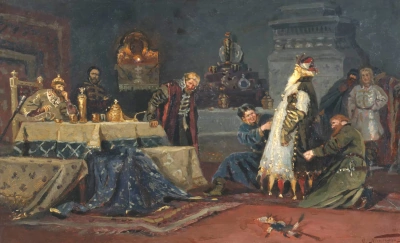 Capa Shutovskaya. Boyardo Druzhina Andreevich Morozov frente a Iván el Terrible.