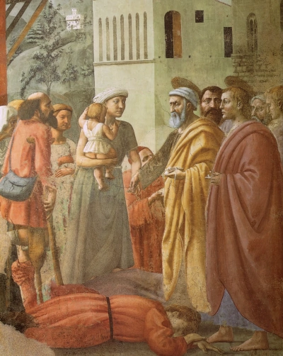 Capilla Brancacci. Distribución de limosnas y muerte de Ananías. Fragmento del fresco después de la restauración.