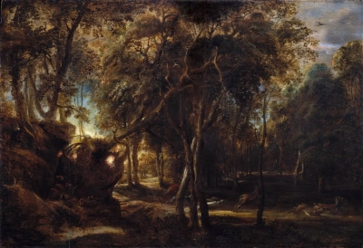 Caza de ciervos en el bosque al amanecer