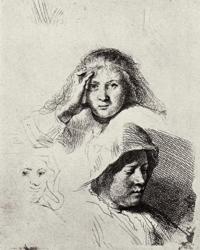 Contorno de tres cabezas femeninas con un retrato de Saskia.