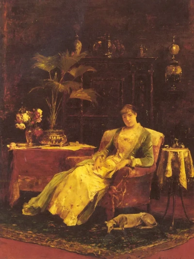 Dama elegante con un perro en el interior