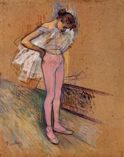 Dancer adjusting her tights