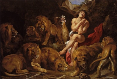 Daniel en el pozo con los leones