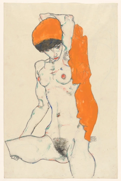 Desnudo con cortinas naranjas