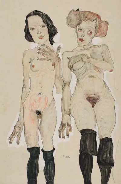 Dos chicas desnudas en medias negras.