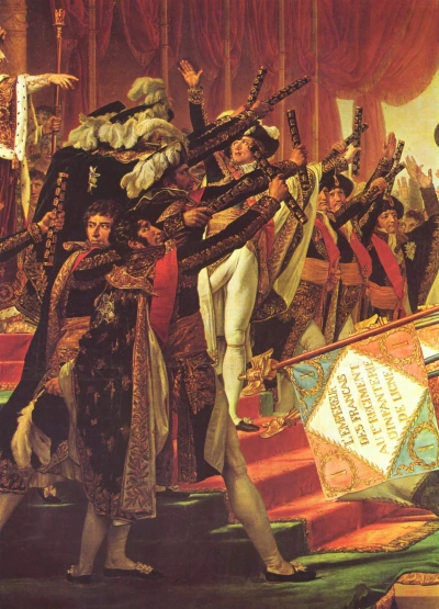 El Juramento de los Horacios de la tropa del Emperador después de la distribución de las banderas en el Campo de Marte en París el 5 de diciembre de 1804. Detalle