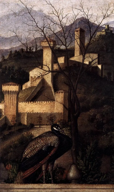 El altar de Barbarigo. Un fragmento con un pavo real en el fondo de un paisaje.