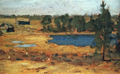 El lago. Los graneros en el borde del bosque.